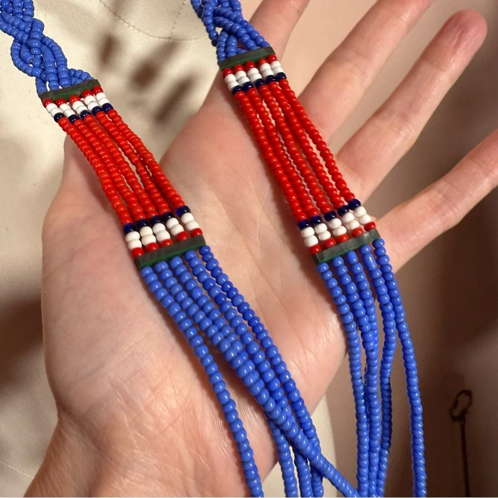 Vintage southwestern red blue Beaded Belt necklace shell tassels adjustable